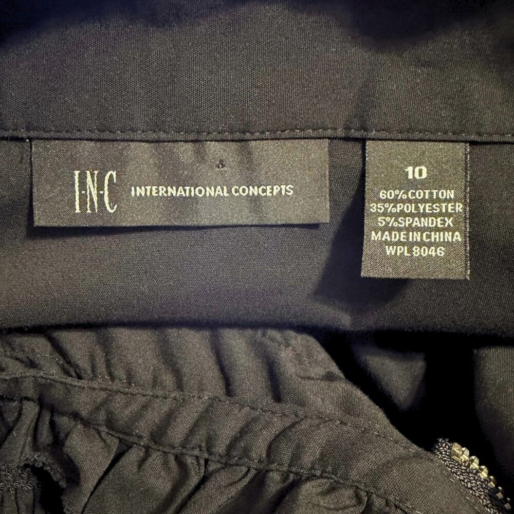 INC Black Zip Front Ruffled Top | Puff Sleeve Smocked Waist | Size 10 - Picture 5 of 6